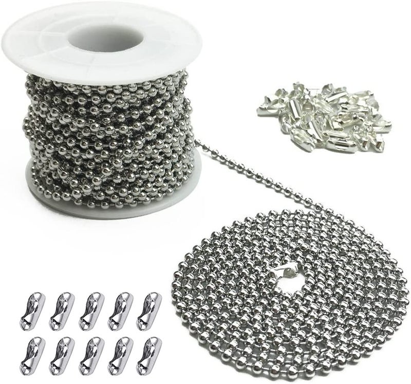 Hyamass 10-Yard Beaded Chain with 30 Connectors, 3.2mm Stainless Steel Ceiling Fan Pull Chain Extender for Jewelry Making, Dog Tags, Keychains (Rolled) (Nickel) - Image 1